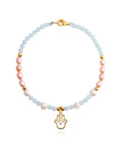 Pulsera Charm Mano Dorada Perlas Rosas con AMAZONITA