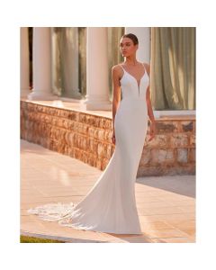 Vestido Estilo Sirena CREPE,ENCAJE, y Pedrería