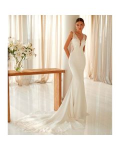 Vestido Estilo Sirena CREPE, Encaje y Pedrería