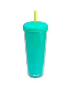 Vaso con Tapa y Popote Doble Pared Verde Aqua
