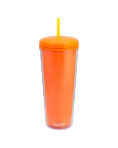 Vaso con Tapa y Popote Doble Pared Naranja