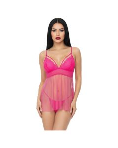 Babydoll en Mesh PUNTEADO,ENCAJE en Copas y Tanga